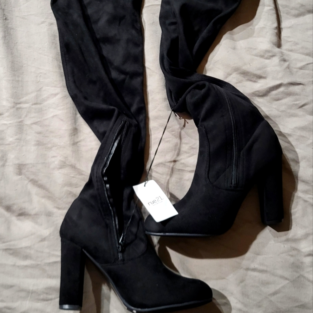 New Rue 21 Black Over the Knee Tie Heeled Boots